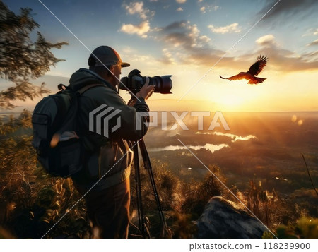 Birdwatcher on sunrise with tripod and camera take shot on birds. Amazing landscape and birdwatcher silhouette with camera. Wildlife photography concept 118239900