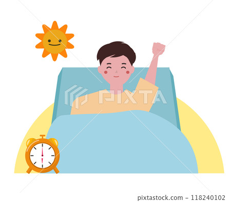 一個早起的人。一個男人早上 6 點醒來的插圖。向量圖 一個早起的人。一個男人早上 6 點醒來的插圖。向量圖 118240102