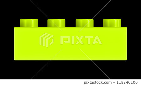 Lime Green Lego Block Isolated on a Black Background. Close Up View of a Plastic Children Game Brick for Constructors, Front View. High Quality 3D Rendering with a Work Path. 8K Ultra HD, 7680x4320 118240106