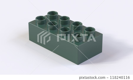 Hunter Green Plastic Lego Block on a White Background. Children Toy Brick, Perspective View. Close Up View of a Game Block for Constructors. 3D rendering. 8K Ultra HD, 7680x4320, 300 dpi 118240116
