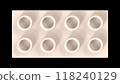 Champagne Pink Lego Block Isolated on a Black Background. Close Up View of a Plastic Children Game Brick for Constructors, Top View. High Quality 3D Rendering with a Work Path. 8K Ultra HD, 7680x4320 118240129
