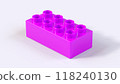 Magenta Plastic Lego Block on a White Background. Children Toy Brick, Perspective View. Close Up View of a Game Block for Constructors. 3D Rendering. 8K Ultra HD, 7680x4320, 300 dpi 118240130
