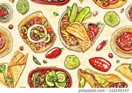 Assorted Mexican food items including tacos, burritos, and salsa with vegetables 118240147