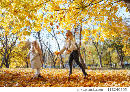 Young Mother and daughter walking in the park and enjoying the beautiful autumn nature. Walk, family Young Mother and daughter walking in the park and enjoying the beautiful autumn nature. Walk, family 118240305