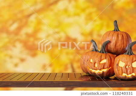 Wooden tabletop with empty space for product display and pumpkins, on warm autumn background. Halloween theme. Mock up for product presentation, merchandise. Table front view. 3D render. 118240331