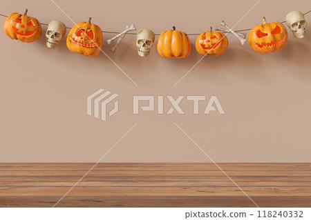Wooden tabletop with empty space for product display, pumpkins and bones garland on the background. Halloween theme. Mock up for product presentation, merchandise. Table front view. 3D render. 118240332