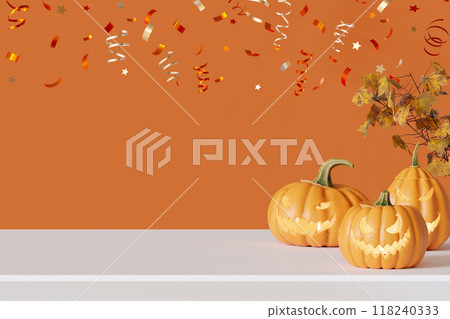 White tabletop with empty space for product display, pumpkins and confetti, on warm orange background. Halloween theme. Mock up for product presentation, merchandise. Table front view. 3D render. 118240333