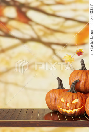 Wooden tabletop with empty space for product display and pumpkins, on warm autumn background. Halloween theme. Mock up for product presentation, merchandise. Table front view. 3D render. 118240337