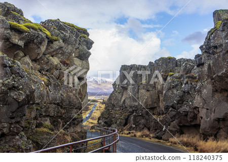 Hiking the Continental Divide at Thingvellir. 118240375
