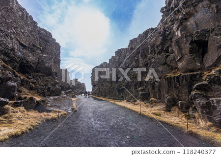 Hiking the Continental Divide at Thingvellir. 118240377