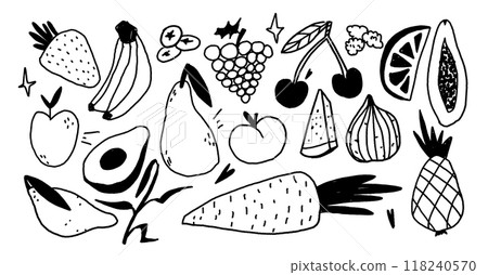 Set of black and white fruits elements. Marker or pen texture. Trendy jagged illustrations. Childish naive tattoo. Vector scribble hand drawn icons Set of black and white fruits elements. Marker or pen texture. Trendy jagged illustrations. Childish naive tattoo. Vector scribble hand drawn icons 118240570