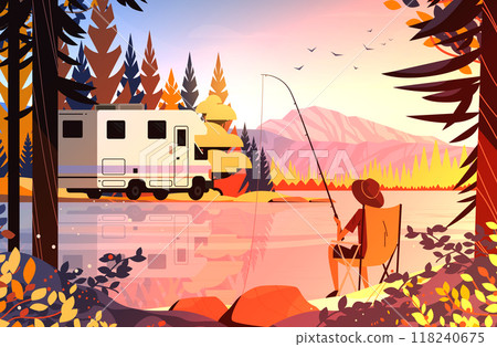 Camping RV fishing lake autumn landscape nature adventure recreational outdoor activity colorful sunset scenery mountains trees 118240675