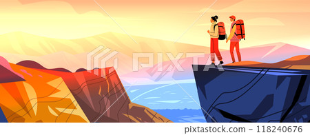 Hikers on cliff overlooking scenic mountain landscape at sunset outdoor adventure trekking nature exploration vibrant colors Hikers on cliff overlooking scenic mountain landscape at sunset outdoor adventure trekking nature exploration vibrant colors 118240676
