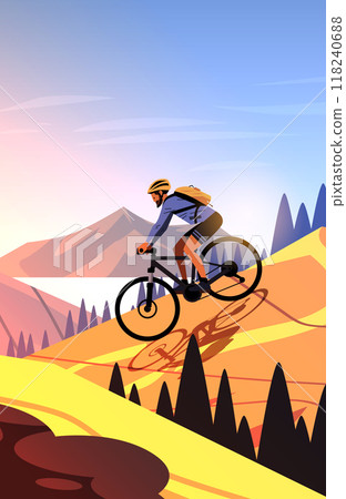 Mountain biking adventure cyclist riding downhill vibrant landscape nature outdoor activity scenic background template 118240688