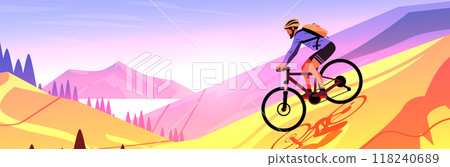 Cyclist riding mountain bike on scenic trail with hills and mountains in the background vibrant colors outdoor adventure Cyclist riding mountain bike on scenic trail with hills and mountains in the background vibrant colors outdoor adventure 118240689
