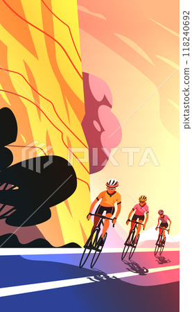 Cyclists riding on a road with a colorful abstract background mountain and sky 118240692