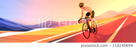 Cyclist riding on colorful road landscape. A person cycling on a vibrant road with scenic mountains in the background during sunrise or sunset. Banner format 118240694