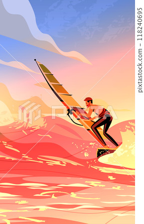 Windsurfing adventure vibrant sunset ocean waves colorful sky action sports dynamic scene athletic man riding sailboard abstract background Windsurfing adventure vibrant sunset ocean waves colorful sky action sports dynamic scene athletic man riding sailboard abstract background 118240695