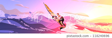 Windsurfer riding waves at sunset with vibrant colors dynamic water splashes and scenic background Windsurfer riding waves at sunset with vibrant colors dynamic water splashes and scenic background 118240696
