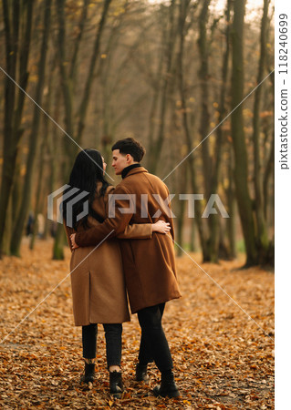 Young couple in love walking in the park on a autumn day. Enjoying time together. 118240699