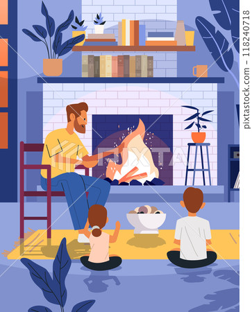 Family by fireplace cozy home scene Father reading story to children warm atmosphere living room books plants modern interior design 118240718
