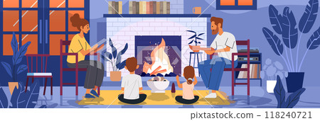 Family sitting by fireplace cozy living room. Parents and children gathered around fire enjoying warm atmosphere. Modern interior with plants bookshelves window 118240721