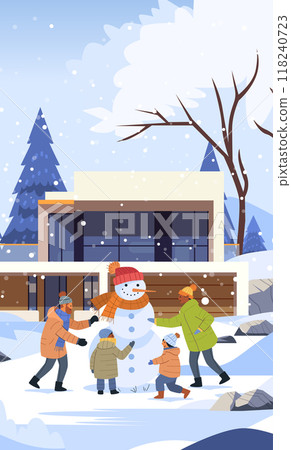 Family building snowman winter scene modern house background snowy landscape holiday fun 118240723