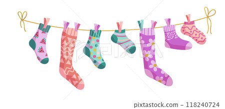 Clothesline socks. Socks on a rope, Baby socks with patterns vector cartoon. 118240724