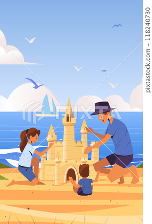 Family building sandcastle on beach with ocean sailboat and seagulls in background summer vacation concept Family building sandcastle on beach with ocean sailboat and seagulls in background summer vacation concept 118240730