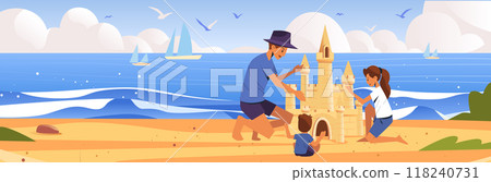 Family building sandcastle on beach with ocean waves sailboats and seagulls in background summer vacation scene 118240731