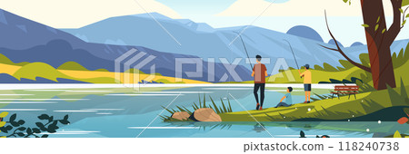 Family fishing by a serene lakeside with mountains in the background and lush greenery surrounding the scene 118240738