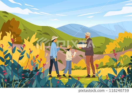 Family berry picking in scenic countryside with hills and colorful foliage 118240739