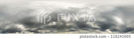 Dark moody rain clouds in dramatic overcast sky. Seamless 360 HDR spherical panorama. Full zenith or sky dome in 3D environment, sky replacement for aerial drone panoramas. Climate and weather change. 118241005