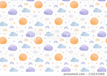 可愛的淺藍色、紫色和橙色圖案的無縫圖案背景插圖 118241069