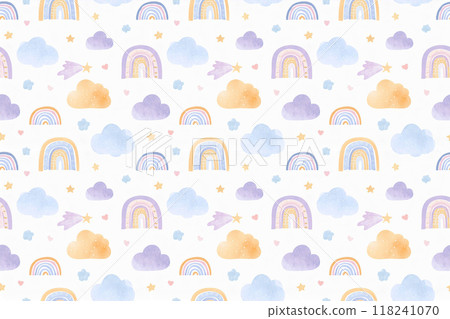 可愛的淺藍色、紫色和橙色圖案的無縫圖案背景插圖 118241070