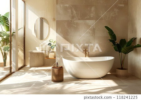 Experience luxury with this serene, minimalist bathroom oasis featuring a sleek freestanding tub 118241225