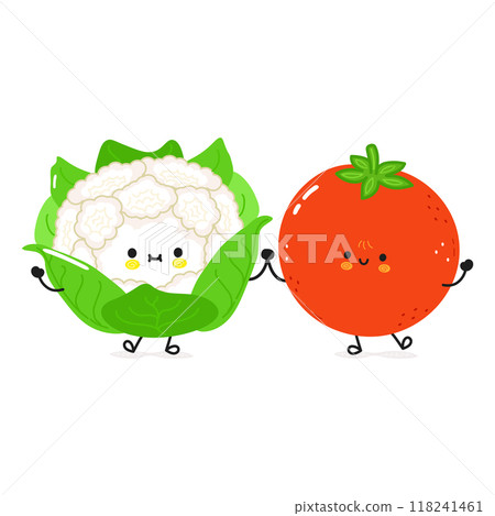 Cauliflower and tomato card. Vector hand drawn doodle style cartoon character illustration icon design. Happy Cauliflower and tomato friends concept card 118241461