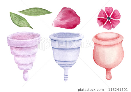 Menstrual cups and a pink flower, petal and green leafs watercolor set isolated on white. Great for eco-friendly menstrual care design, ads, packaging, blogs about sustainable lifestyle of modern Menstrual cups and a pink flower, petal and green leafs watercolor set isolated on white. Great for eco-friendly menstrual care design, ads, packaging, blogs about sustainable lifestyle of modern 118241501