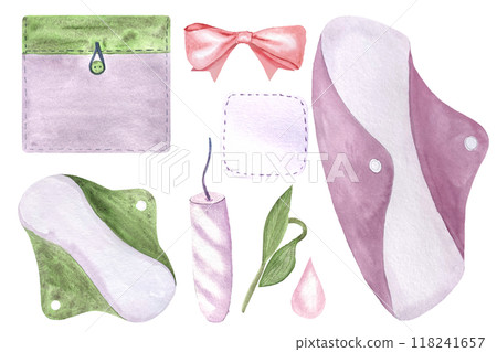 Reusable period pads, tampon, case, ribbon watercolor set isolated on white. Perfect for comprehensive menstrual care design, for ads, packaging, blogs about sustainable lifestyle of a modern women 118241657