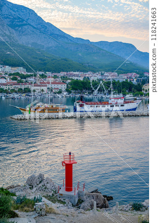 Port of Makarska town, popular tourist resort on the Adriatic sea coastline of Croatia 118241663