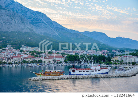 Port of Makarska town, popular tourist resort on the Adriatic sea coastline of Croatia Port of Makarska town, popular tourist resort on the Adriatic sea coastline of Croatia 118241664