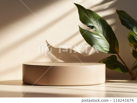 Blank beige brown circle counter podium in beautiful sunlight with shadows, Leaf shadow beige wall luxury organic cosmetic, skincare, beauty. Showcase stage display. Pedestal for product presentation Blank beige brown circle counter podium in beautiful sunlight with shadows, Leaf shadow beige wall luxury organic cosmetic, skincare, beauty. Showcase stage display. Pedestal for product presentation 118241674