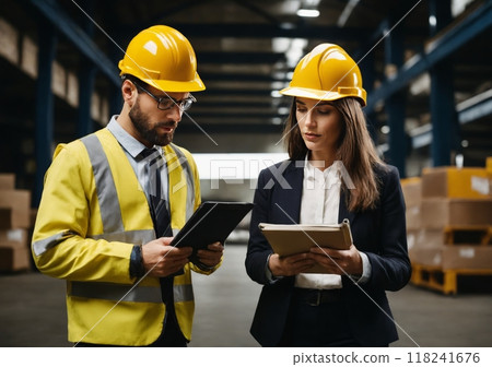 Two business partners in formal wear and with protective yellow helmets on heads talking about business. Male using tablet while female holding folder with data Two business partners in formal wear and with protective yellow helmets on heads talking about business. Male using tablet while female holding folder with data 118241676