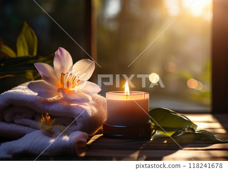 Beautiful aesthetic spa room with candle and flower. Spacious room with large windows in private house. SPA, resort and relax concept Beautiful aesthetic spa room with candle and flower. Spacious room with large windows in private house. SPA, resort and relax concept 118241678