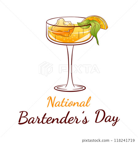 National Bartenders Day banner in line art style. Limoncello spritz cocktail with lemon slice, basil leaves and ice cubes in elegant glass. Design for event promotions, bar menu. 118241719