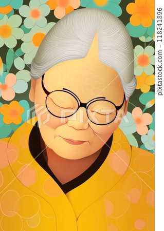 Colorful and serene digital portrait of an elderly woman with gray hair and glasses 118241896