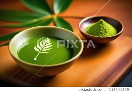 A serene cup of vibrant green tea with artistic leaf design, accompanied by a bowl of matcha powder A serene cup of vibrant green tea with artistic leaf design, accompanied by a bowl of matcha powder 118241899