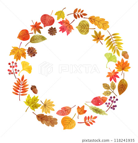 Hand-drawn watercolor autumn leaves round frame Hand-drawn watercolor autumn leaves round frame 118241935