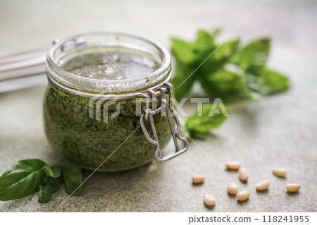 Jar with fresh homemade pesto sauce 118241955