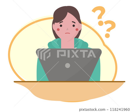 一個女孩對如何使用電腦感到困惑。一位發現操作電腦很困難的女性。向量圖 一個女孩對如何使用電腦感到困惑。一位發現操作電腦很困難的女性。向量圖 118241960